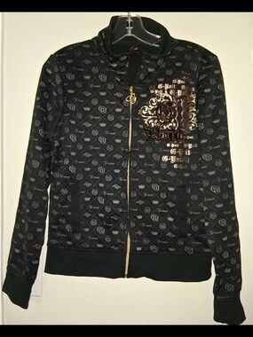 Black Bomber Jacket with Metallic Gold Crest Detail